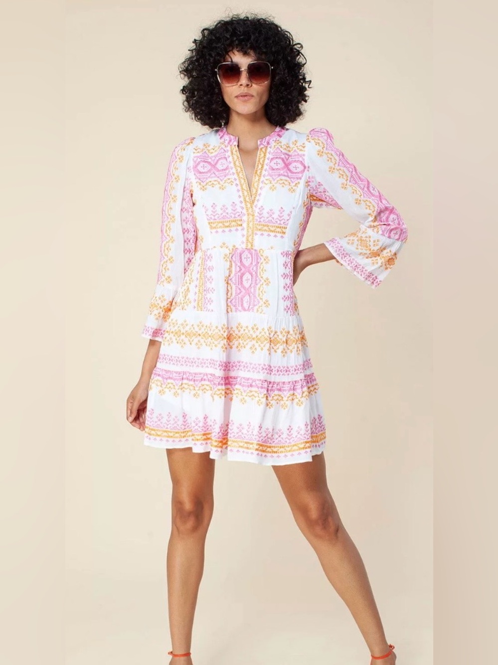 Hale Bob Embroidered Boho Mini Dress White Pink Orange XS